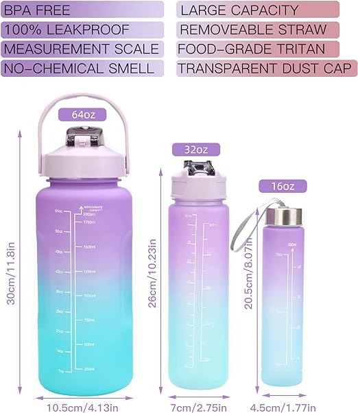 3 Piece Motivational Water Bottle Set BPA Free Plastic Gradient Colors For Students Fitness And Daily Use | Random Color