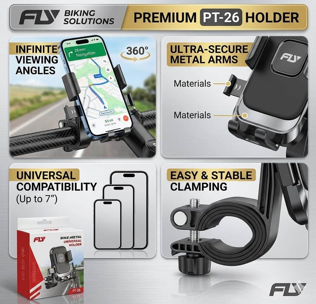 FLY Universal Mechanical Bike & Motorcycle Phone Mount ? 360? Adjustable Handlebar Bracket for Bicycles, Scooters & E-Bikes