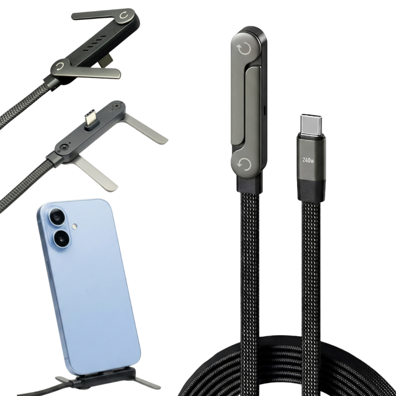 240W Fast Charging Foldable Phone Holder Data Cable – 2-in-1 Type-C Multi Charger Cord with Built-in Mobile Stand