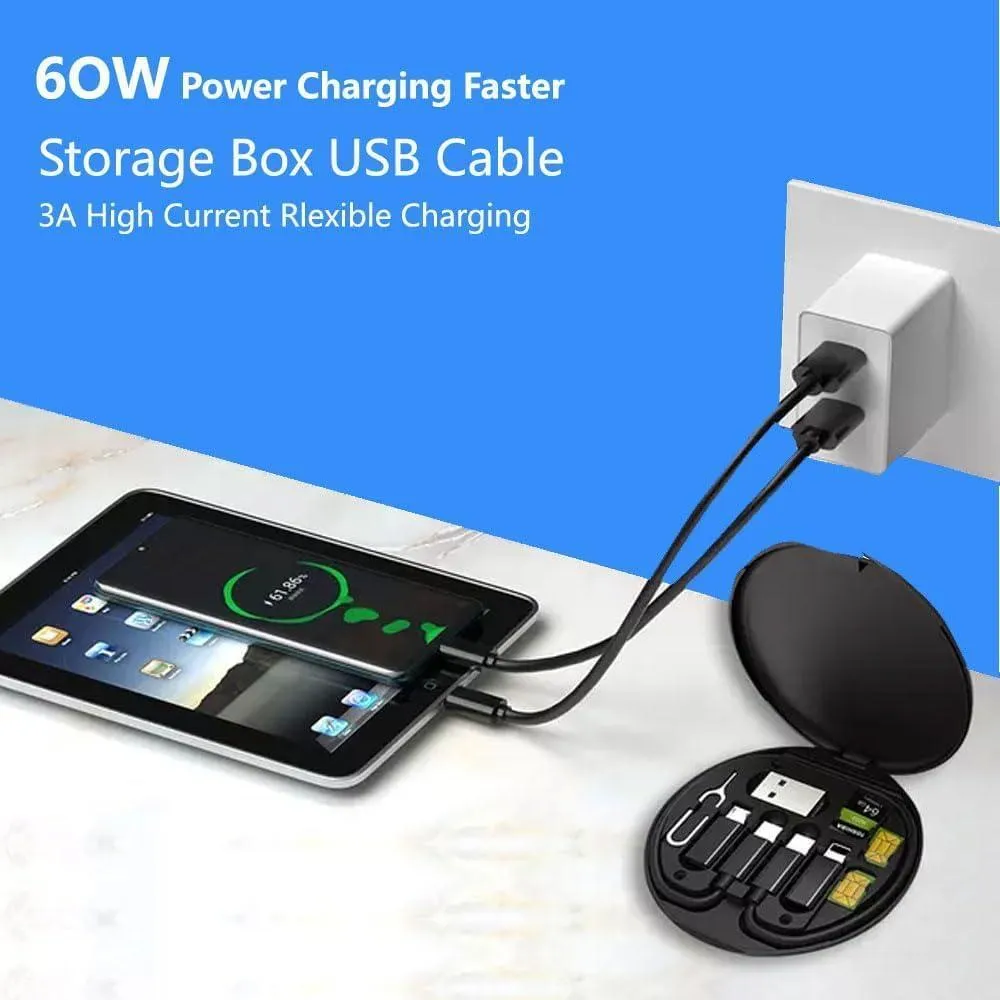 60W Fast Charging Cable Storage Box | Multi Charging Cable for iPhone & Android | Compact Travel Charging Kit