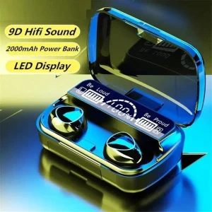 9D HiFi Sound Wireless Earbuds with 2000mAh Power Bank | LED Display Bluetooth Earbuds Black