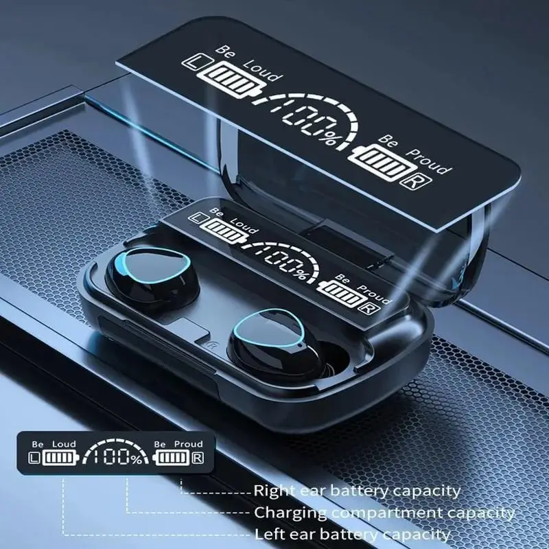 9D HiFi Sound Wireless Earbuds with 2000mAh Power Bank | LED Display Bluetooth Earbuds Black