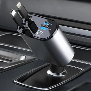 100W Fast Car Charging Adapter | Dual Retractable Type-C & Lightning Car Charger with Dual USB Ports