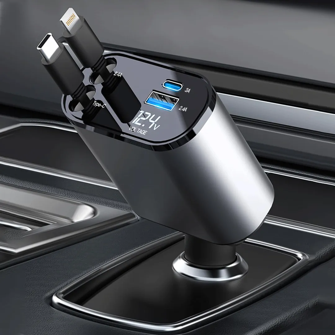 100W Fast Car Charging Adapter | Dual Retractable Type-C & Lightning Car Charger with Dual USB Ports