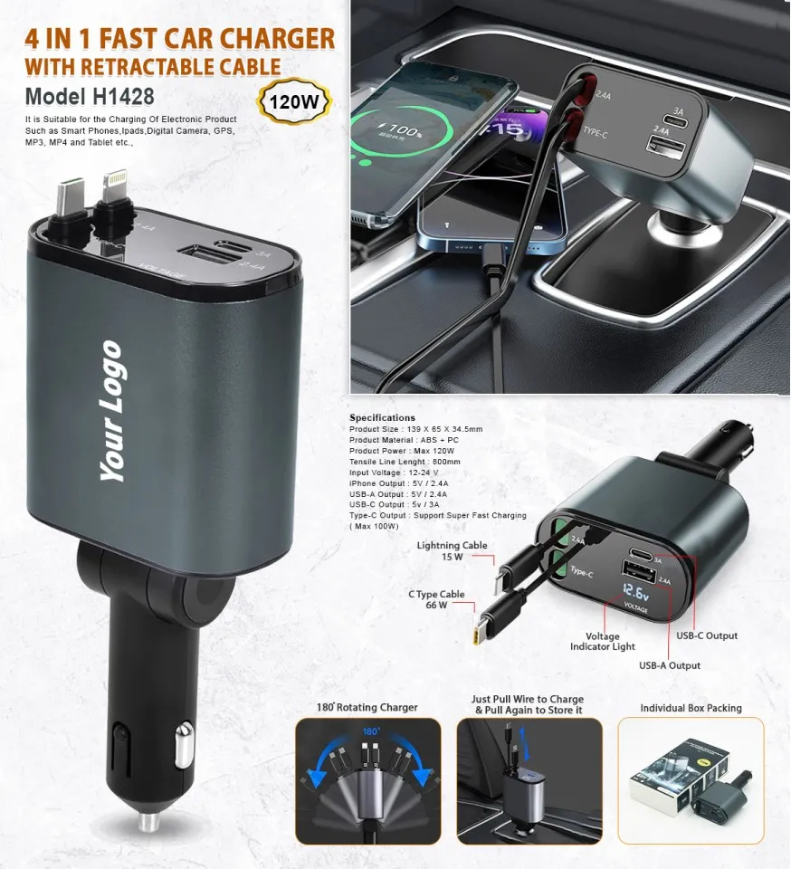 100W Fast Car Charging Adapter | Dual Retractable Type-C & Lightning Car Charger with Dual USB Ports